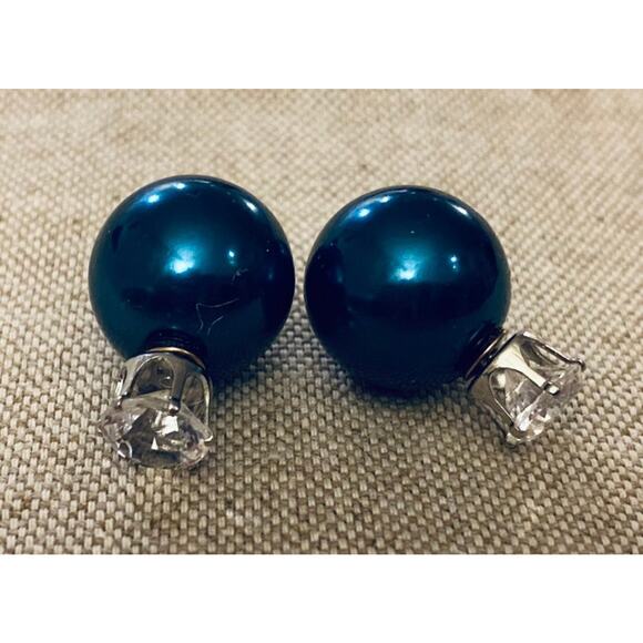 Double Sided Blue Metallic Rhinestone Earrings Peek-a-boo - Picture 2 of 3